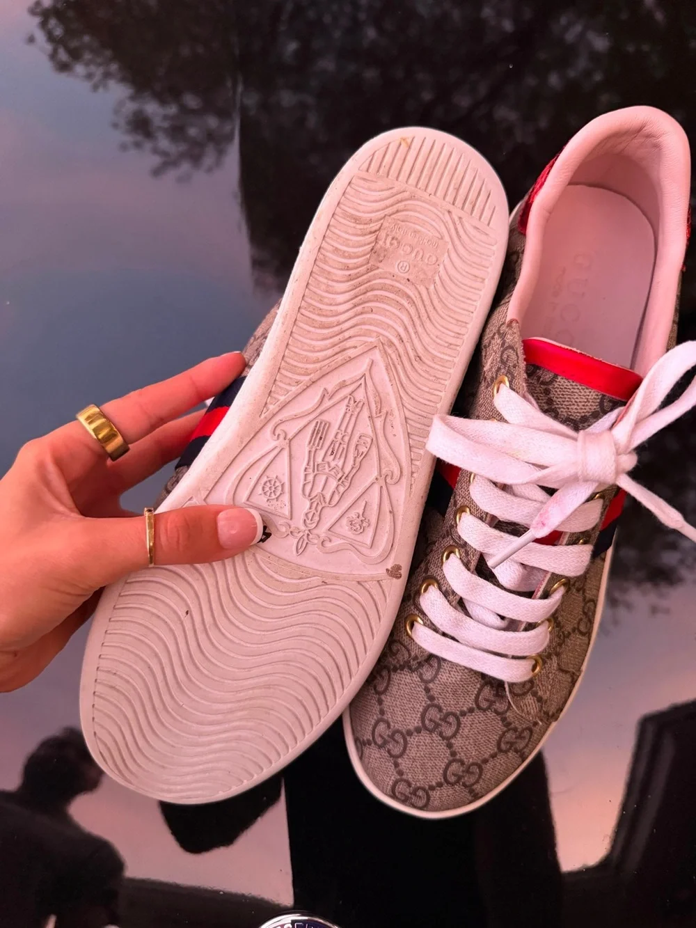 Gucci Beige GG Supreme Sneakers with Red & Blue Web Stripe